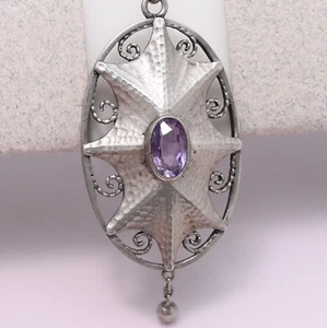 Antique Art Nouveau Arts & Crafts Spider Web Natural Amethyst 800 Silver Pendant - Picture 1 of 6