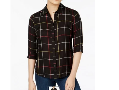 Maison Jules Checkers Button Front Long Sleeve Shirt Top Black Combo $59 Large - Image 1 of 4