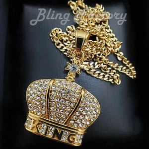 Hip Hop Stainless Steel KING Crown Charm & 3mm 18" 20" 24" Cuban Chain Necklace - Picture 1 of 6