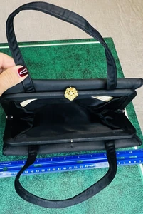 Vtg MISS LEWIS Cown Bag Black Satin Handbag Pocketbook Purse Rhinestone Clasp - Picture 1 of 9