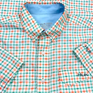 Camicia Huk Uomo Media Verde Arancione Plaid Bottoni Performance Pesca Stampa Pesce - Foto 1 di 9