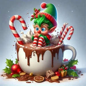Weihnachtselfe im heißen Kakaotasse Zuckerstangen 5D Diamond Painting Set - Bild 1 von 7