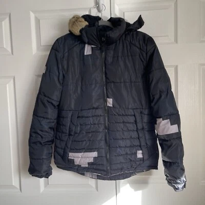 Chaqueta acolchada negra abrigo con capucha ribete de piel con cuadrados grises cuchara plateada talla M Foto 1 de 4