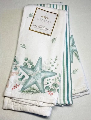 COLECCIÓN COSTA TOALLAS DE COCINA (3) ESTRELLAS DE MAR RAYAS VERDES 18 X 28 ALGODÓN NUEVAS CON ETIQUETAS Foto 1 de 4