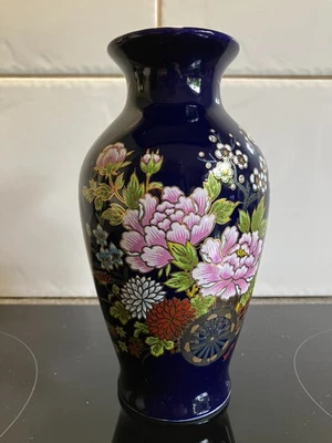 Vintage Kutani-style Cobalt Blue Porcelain Vase height 17.5 cm cherry blossom - image 1 of 4