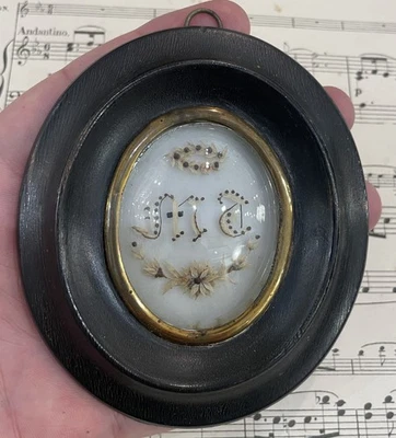 Small Antique French Mourning Hair Art Domed Glass Wood Frame Flower Crown c1880 - Image 1 of 4