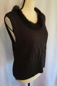 Vintage Women's Black Fur Trim Sweater Tank Sleeveless Top Vest L / XL Mob Wife - Picture 1 of 10