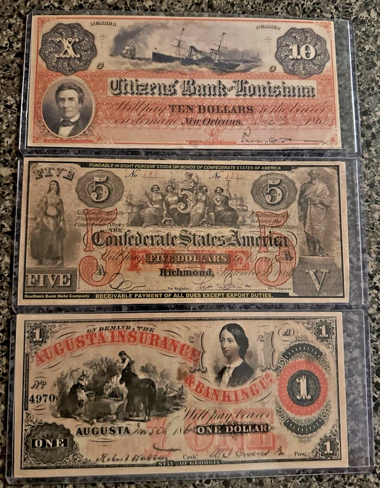Lot of 3 Confederate States of America Bills $10, $5 & $1 - Image 1 of 2