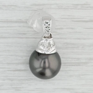 Cultured Black Pearl Diamond Drop Pendant 14k White Gold - Picture 1 of 4