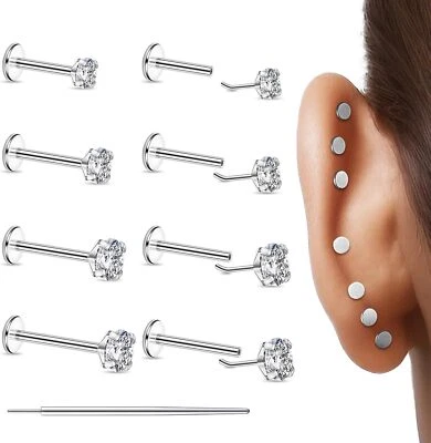 9pc 16G-20G Titanium Nose Studs CZ Cartilage Earring Push in Labret Lip Piercing - Image 1 of 4