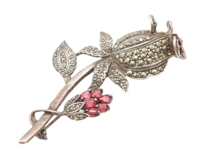 Broche prendedor vintage de plata de ley 925 con incrustaciones de marcasita y topacio flor BP11007 Foto 1 de 4