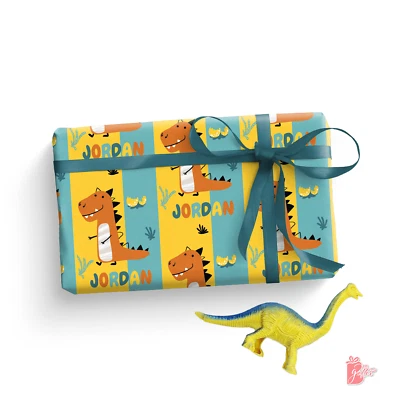 Personalized Wrapping Paper w/ Name Chubby Dinosaur Theme Birthday Gift Wrap 24" - Image 1 of 4