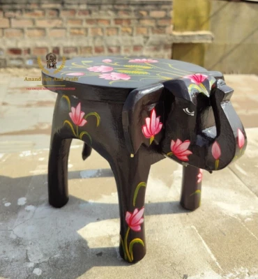 Wood Handmade Wooden Elephant Stool – Hand-Painted Indian Art Decor | Home Art - Image 1 of 4