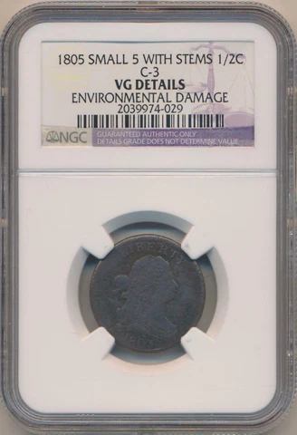 1805 Small 5 W Stems Draped Bust Half Cent. C-3 NGC VG details Inv #MC3 Cover