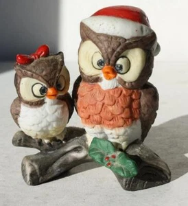 Figura Búho Rojo Papá Noel Sombrero Papá Hija Búho Rama Cerámica Pintado a Mano Sin Marcar - Imagen 1 de 1