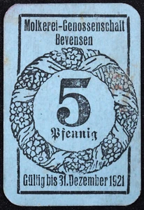BEVENSEN exp. 1921 RARE "Molkerei-Genossenschaft" 5 Pfennig German Notgeld - Picture 1 of 2