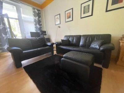 Sitzgruppe schwarz, 3-er Couch, 2-er Couch, Hocker, Echt Leder - Bild 1 von 4