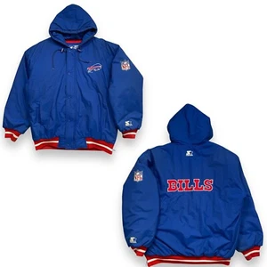 Vintage 90s Buffalo Bills Starter Jacket L NFL Hooded Puffer Coat Logo Patch - Picture 1 of 7