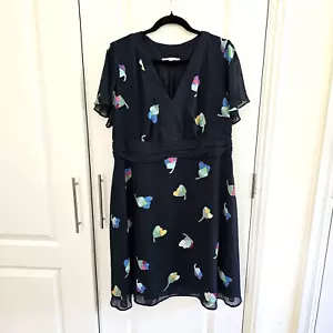 Pepperberry Curvy Navy Blue Floral Print Dress Size 18 Lined Side Zip - Picture 1 of 9