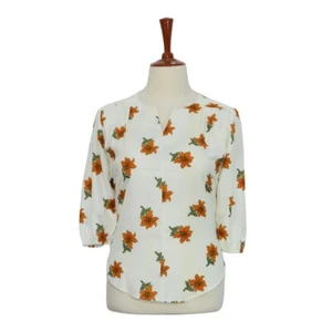 Womens Silky Blouse Floral White Orange 3/4 Sleeve V-Neck Loose Casual Top Large - Picture 1 of 6
