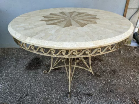 Large 44" French Wrought Iron Table w/Tessellated Fossiliferous Limestone Top Cover