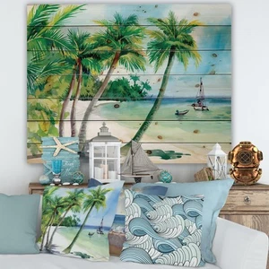 Designart 'Summer Beach With Palm Trees' Nautical & Coastal - Picture 1 of 5