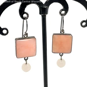 Sterling Silver Square Pink Opal Dangle Earrings w/ Rose Quartz Accent, 5.00g - Bild 1 von 6