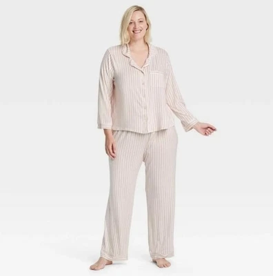 Womens STARS ABOVE SOFT 2 Piece Pink & White Striped Pajama Outfit Set - Image 1 of 4
