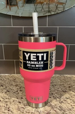 YETI RAMBLER 35 oz MUG  w/STRAW LID-Handle Duracoat TROPICAL PINK BPA No Sweat - Image 1 of 4