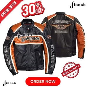 Chaqueta de cuero para motocicleta Harley-Davidson para hombre negra naranja equipo de conducción de motociclista - Imagen 1 de 6