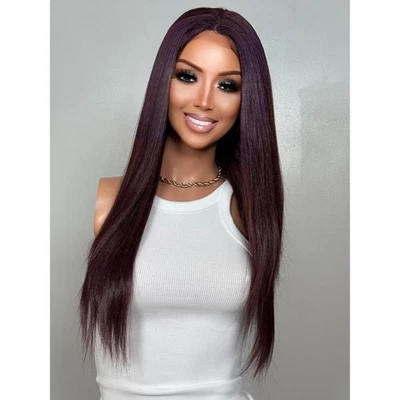 Pasas arándano oscuro burdeos largo recto 24 pulgadas mezcla de cabello humano frente de encaje Foto 1 de 4