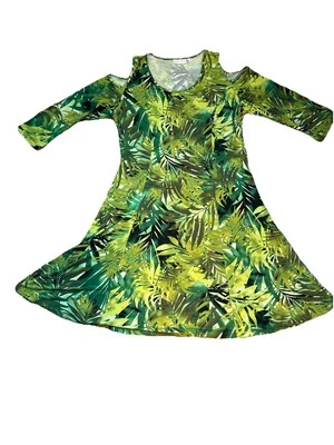 Susan Graver Womens Tropical Cold Shoulder Midi Dress 3/4 Sleeve Size Large - Image 1 of 4