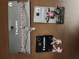 New Playboy Jewelry Lot Of 3 Pink Choker , Pink Earrings 5 Rings Rhinestone P5 - Picture 1 of 7
