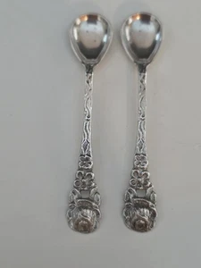 Antique Sterling Silver Salt Cellar Spoons Set of 2 Rose Motif 2.5" (925) - Picture 1 of 6