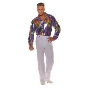 70S 80S DISCO SHIRT COSTUME DANCE SATURDAY NIGHT FEVER PIMP SHINY MENS PURPLE - Picture 1 of 1