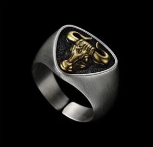 Gothic Mens Spanish Matador Zodiac Taurus Bull Head Ring Adjustable Size 7-15 - Picture 1 of 8
