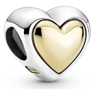 RETIRED Pandora Domed Golden Heart Charm 799415C00 Silver Heart w/ 14k Gold - Image 1 of 4