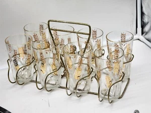 Mid Century "Jeanette" Wheat Pattern 8 Tumbler Glass Set W Original Holder MCM - Picture 1 of 5