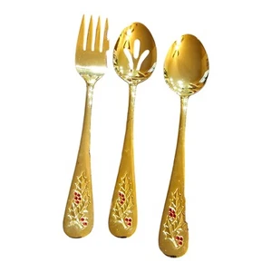 Hollyberry 3 Piece Serving Set Gold-plate Holly Sprigs on handle Made in Japan - Picture 1 of 7