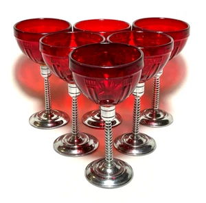 MORGANTOWN ~ Set (6) BICCHIERI COCKTAIL LIQUORE Art Deco rosso rubino con steli cromati - Foto 1 di 8