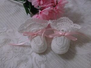 Handmade, Crocheted Baby Booties - Shell Pattern - White w/Pink Ribbons