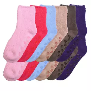 12 Pairs Plush Slipper Socks with Grippers Fuzzy Fleece Non Slip No Skid Ripple - Picture 1 of 11