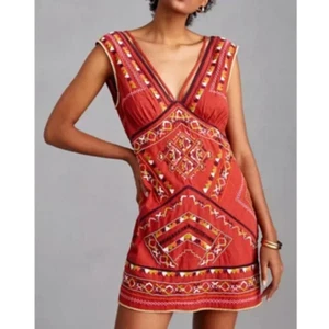Anthropologie Women’s Embroidered Mini Dress size L NWT V-Neck Cotton - Picture 1 of 14
