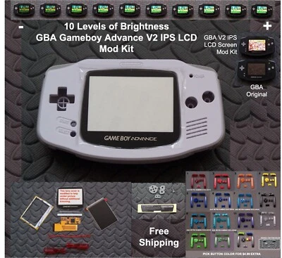 10 Level Brightness GBA V2 IPS LCD Mod Kit w/glass lens - White - Image 1 of 4