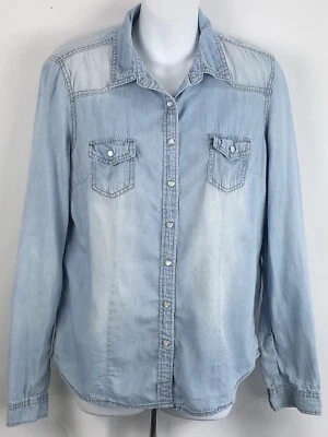 Top a presión vintage denim perla L Jrs azul bolsillo ajustado Western Hippie retro años 90 Foto 1 de 4