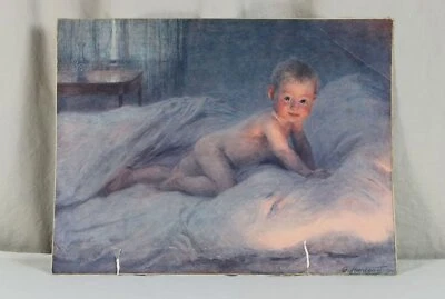 altes Kitsch Bild - älterer Kunstdruck auf Pappe - krabbelndes Baby - 51x39 /H8 - Bild 1 von 4