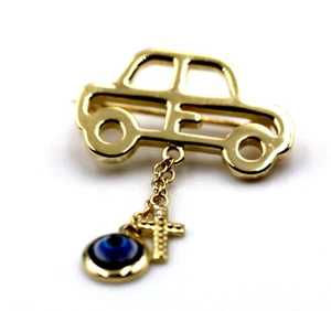Genuine 14ct Yellow Gold Baby Child's Kids Car Cross Brooch Evil Eye Mati - Picture 1 of 15