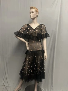 Partykleid 30er Jahre schwarz Netz mit braunen Tupfen - Bild 1 von 12