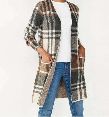 Nine West 女式棕色黑色米色格子开襟长款开衫夹克 S 码 — 第 1/4 张图片