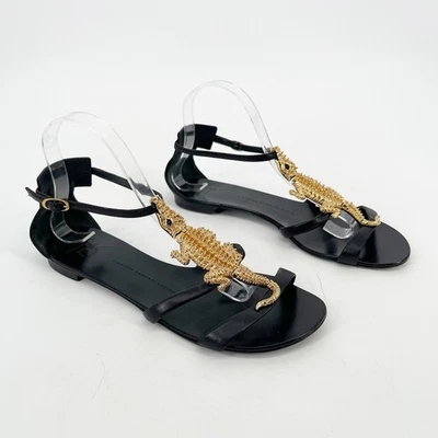 Sandalias planas Giuseppe Zanotti de cuero negro dorado adornadas con cocodrilo IT 40 Foto 1 de 4